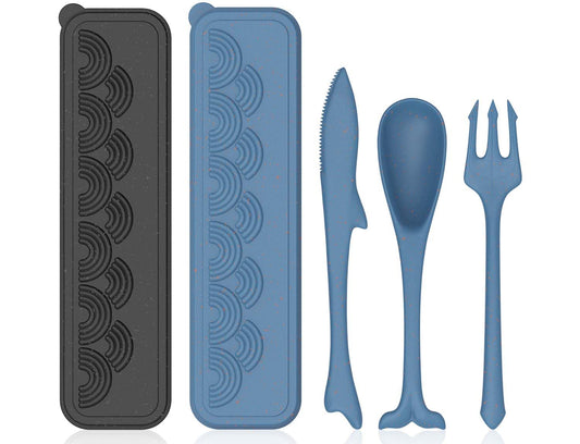 2 Sets Reusable Utensils Set with Case, Plastic Lunch Box Utensils Set for Kids, Travel Cutlery Set for Ocean Party Decorations Picnic or Daily Use (Blue, Black)