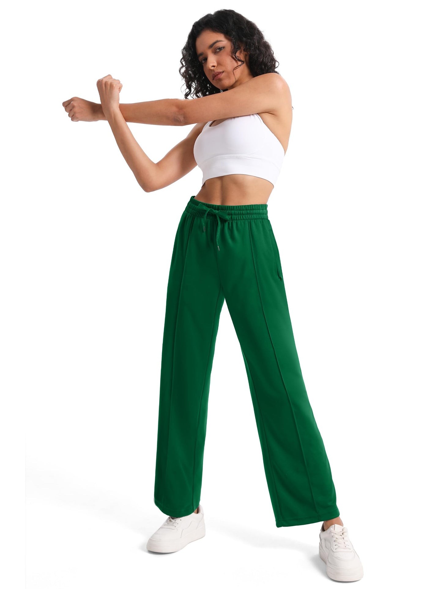 Tapata Tall Women 34" Inseam Warm Up Track Pants Wide Leg Sweatpants Lightweight Side Stripe Ladies Slacks Workout, Green, S
