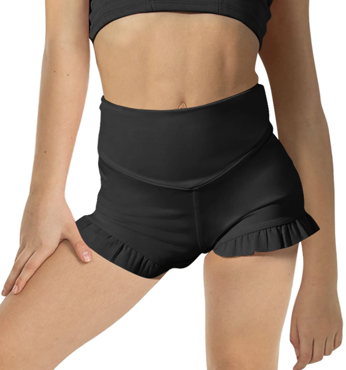 rrhss Girls Athletic Ruffle Shorts High Waisted Yoga Dance Shorts Comfy Workout Gymnastics Shorts Black