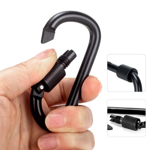 Carabiner Clip, 3" Locking Carabiners, D Ring Shape Caribeaner with Key Rings, Aluminum Carabiner for Keychain Clip, Black, 2 Pack