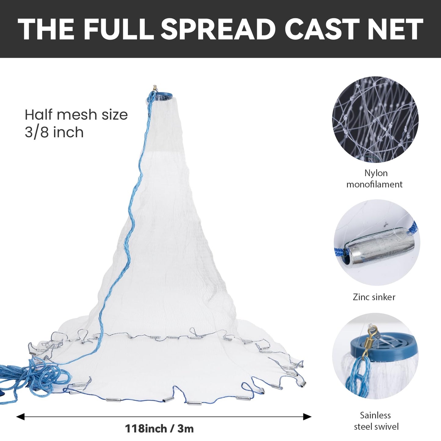 3 Pcs Foldable Fishing Net Accessories :Fishing Cast Net with Heavy Duty Real Zinc Sinker Weights丨 Fishing Landing Net with Telescoping Pole Handle 丨Crab Crayfish Shrimp Crab Trap