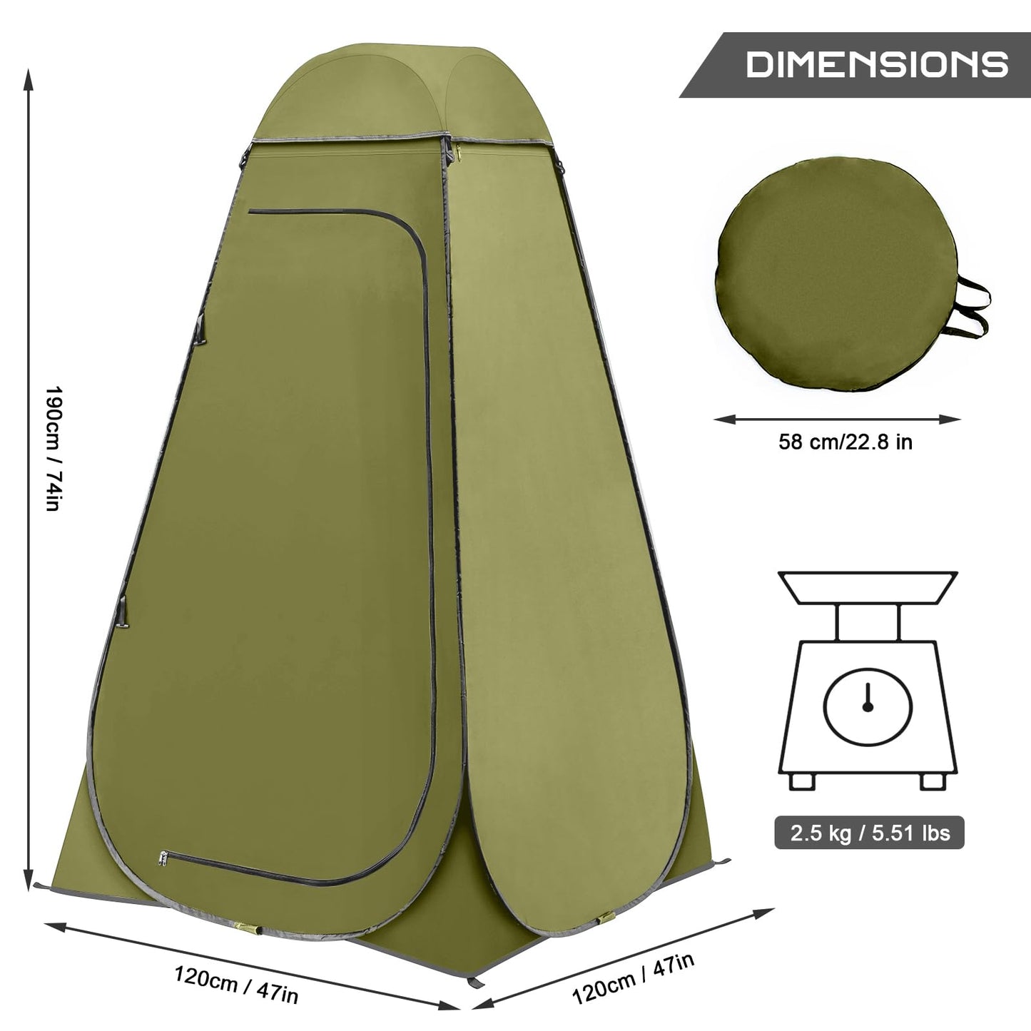 BRIAN & DANY Pop Up Shower Tent, Portable Changing Tent with Rain Shelter & Windows, Privacy Camping Tent for Hiking Beach, UPF 50+ & Waterproof, 47.2" x 47.2" x 74.8", Olive Green