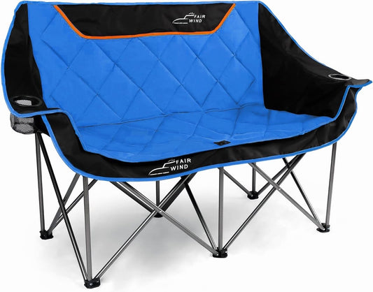 FAIR WIND Oversized Fully Padded Camping Chair Folding Loveseat Camping Couch Double Duo Chair Heavy Duty Quad Fold Arm Chair with Cup Hold - Supports 650 LBS Blue