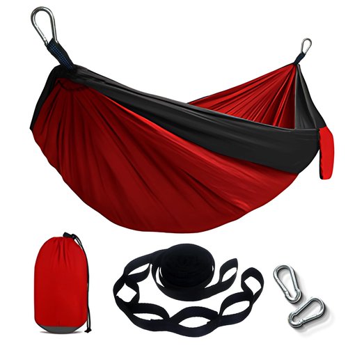 Camping Hammock for Adults with 2 Tree Straps – Lightweight & Portable Nylon Hammock Swing for Hiking, Travel, Backpacking, Backyard (Red+Black)