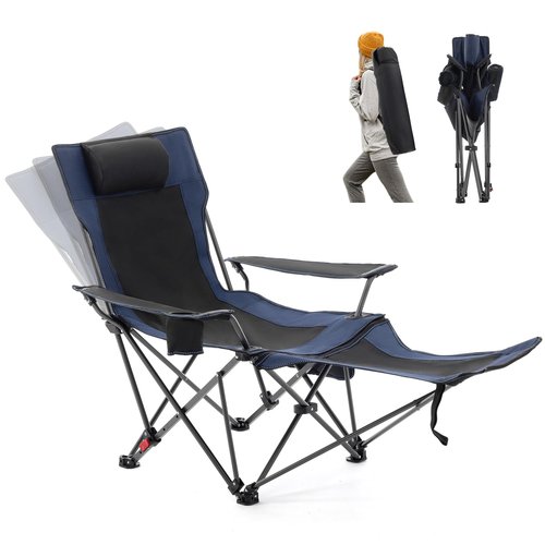 Reclining Camping Chair with Foot Rest, Folding Lounge Chair for Adults,Outdoor Chair Support 300 lbs with Adjustable Backrest &Cup Holder Portable Recliner Beach Chair for Lawn Outside,Navy