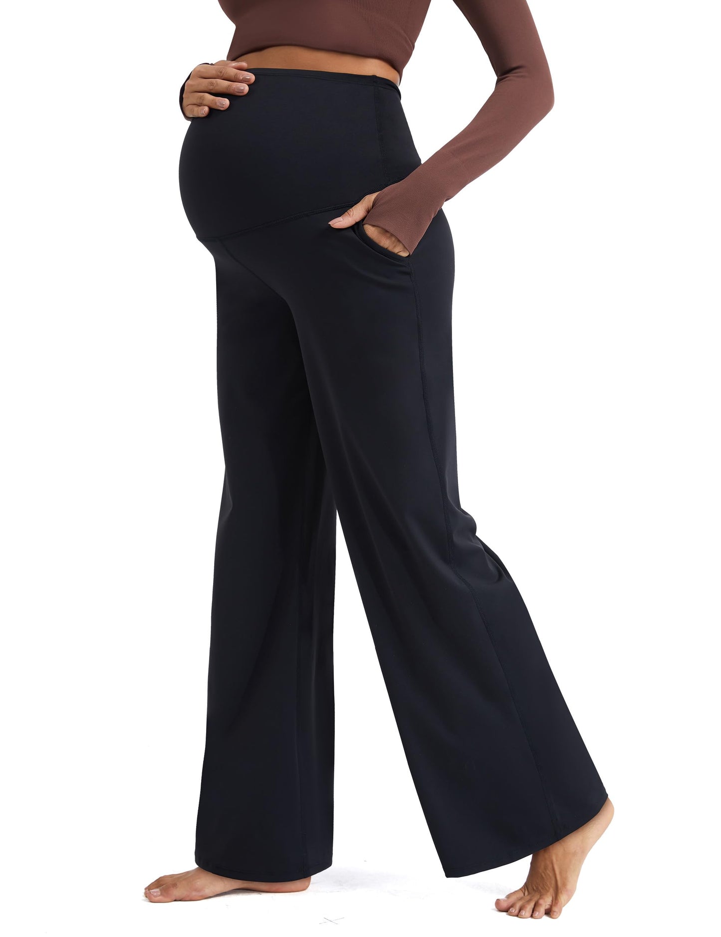 MathCat Womens Maternity Pants Over The Belly Wide Leg Yoga Work Dress Pants Pregnancy Pants Lounge Trousers Stretchy Soft Black