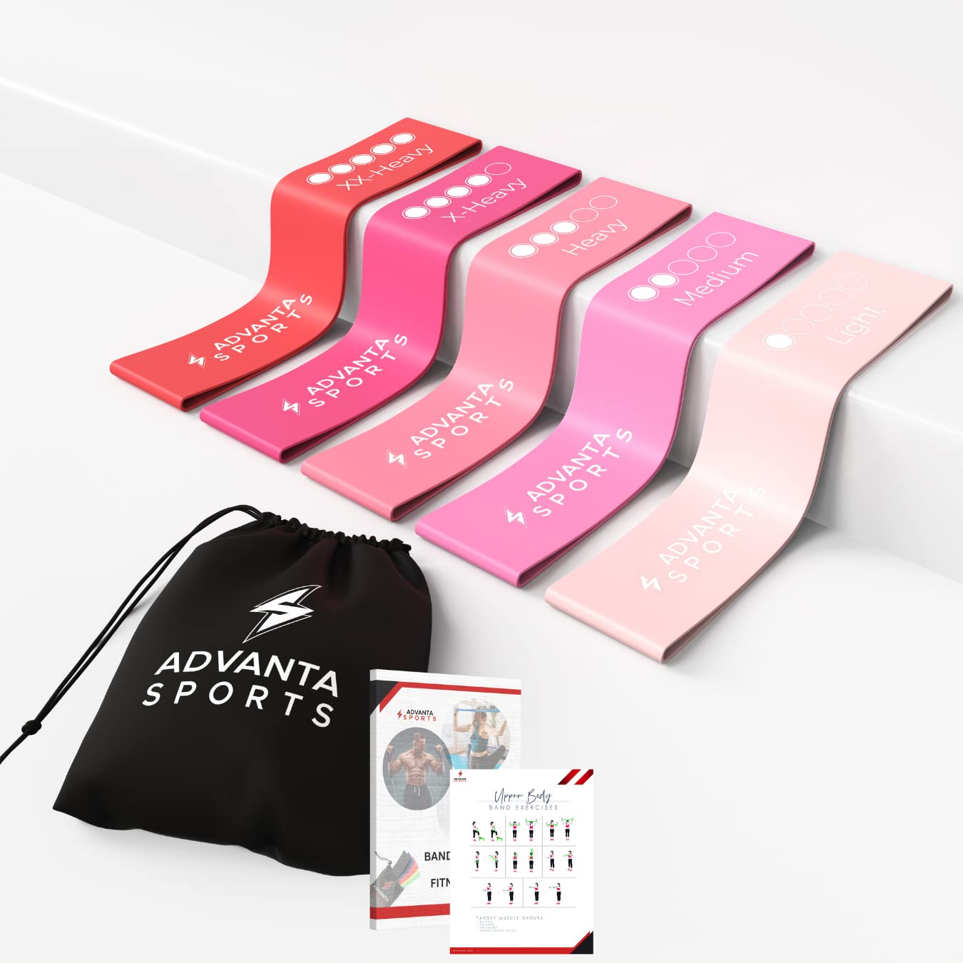 Advanta Sports Resistance Loop Exercise Bands, Set of 5 Colors. Home Fitness, Stretching, Workout –Carry Bag & PDF eGuide
