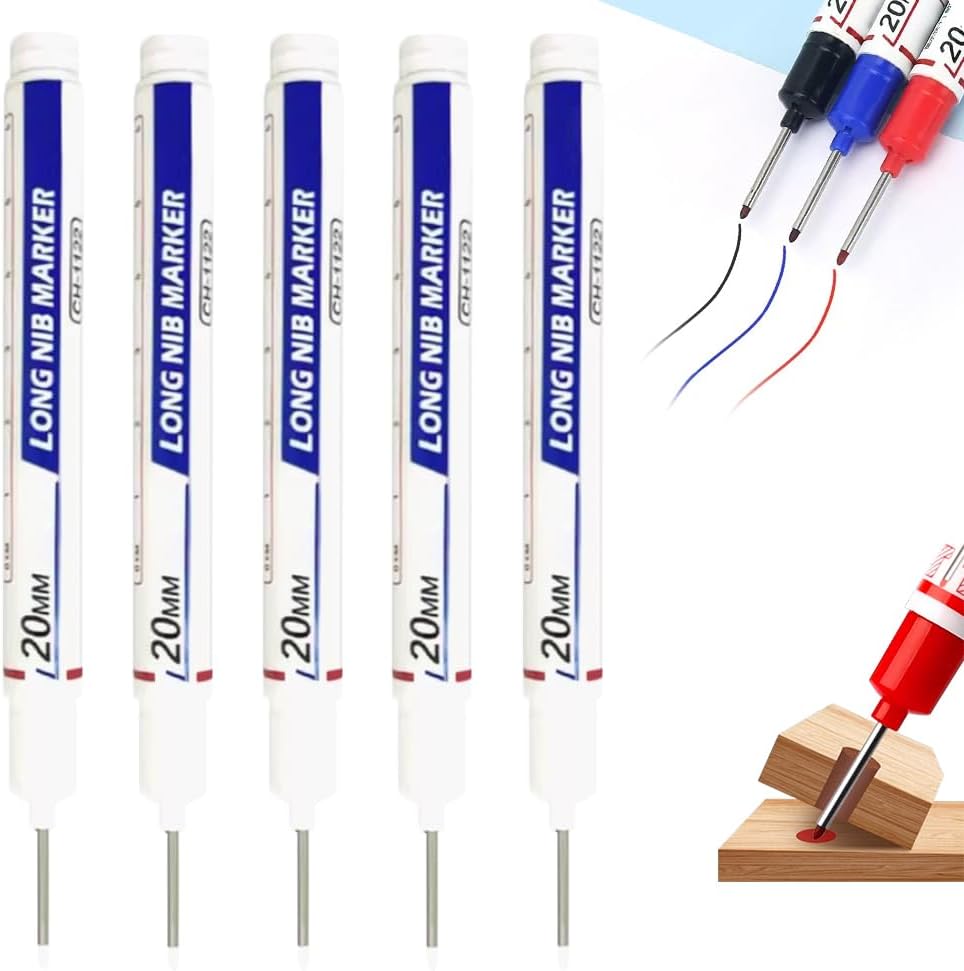 5Pack Long Head Deep Hole Marker Pens, 20mm Deep Reach Metal Marking Pen, Waterproof Quick-Dry Long Nib Marker, Deep Reach Markers Marking Tool for Carpentry & Construction (Mix)