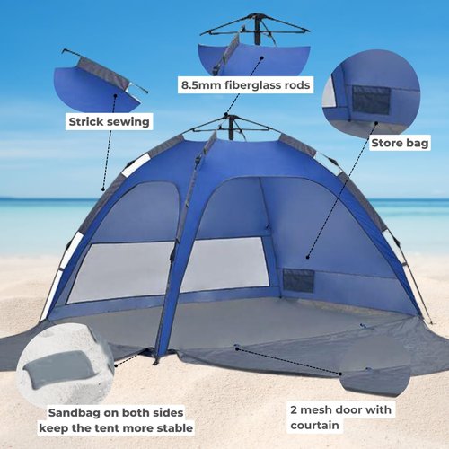 ROFFT 2-Person Pop-Up Camping Tent – Instant Setup, Water-Resistant, Lightweight Dome with Dual Mesh Doors & Extensible Porch – Ideal for Beach, Hiking & Backpacking (Blue)