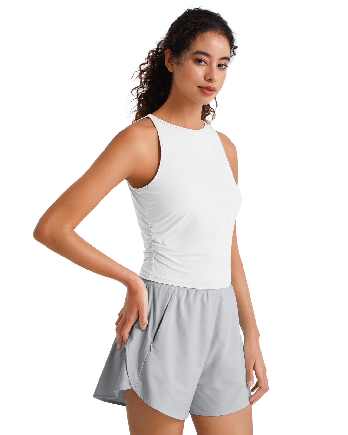 G4Free Skimetic Workout Tank Tops for Women Side Ruched Sleeveless High Neck Crop Top Summer Athletic Gym Shirts