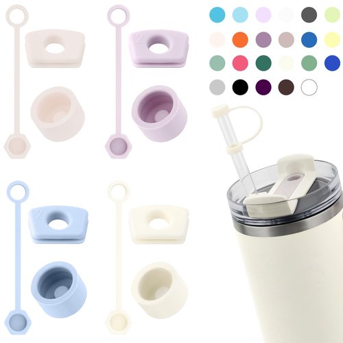 DUNLAGUE Silicone Spill Stopper Set Compatible with Stanley Cup 2.0 30oz & 40oz with Straw Cover (Set of 4, Multi Color)