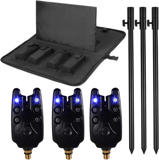 Fishing Bite Alarm Indicator Set LSOSVSEU's 3 LED Fishing Alarms 3 Extendable Aluminum Banksticks with Waterproof Tool Bag, Fishing Rods Set Bank Poles Set for catfishing