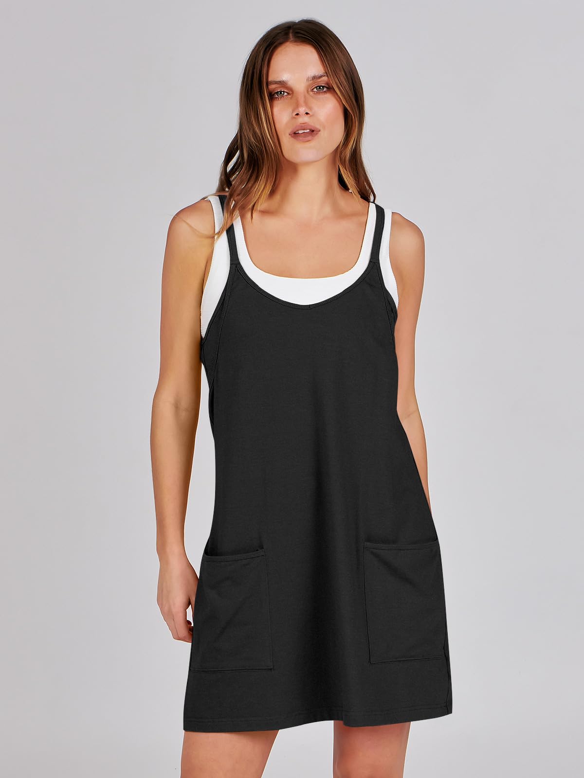 ANRABESS Women Athletic Dress Summer Tennis Workout Active Sports Mini Romper Dress Built in Shorts Travel Vacation Clothes Black XX-Large
