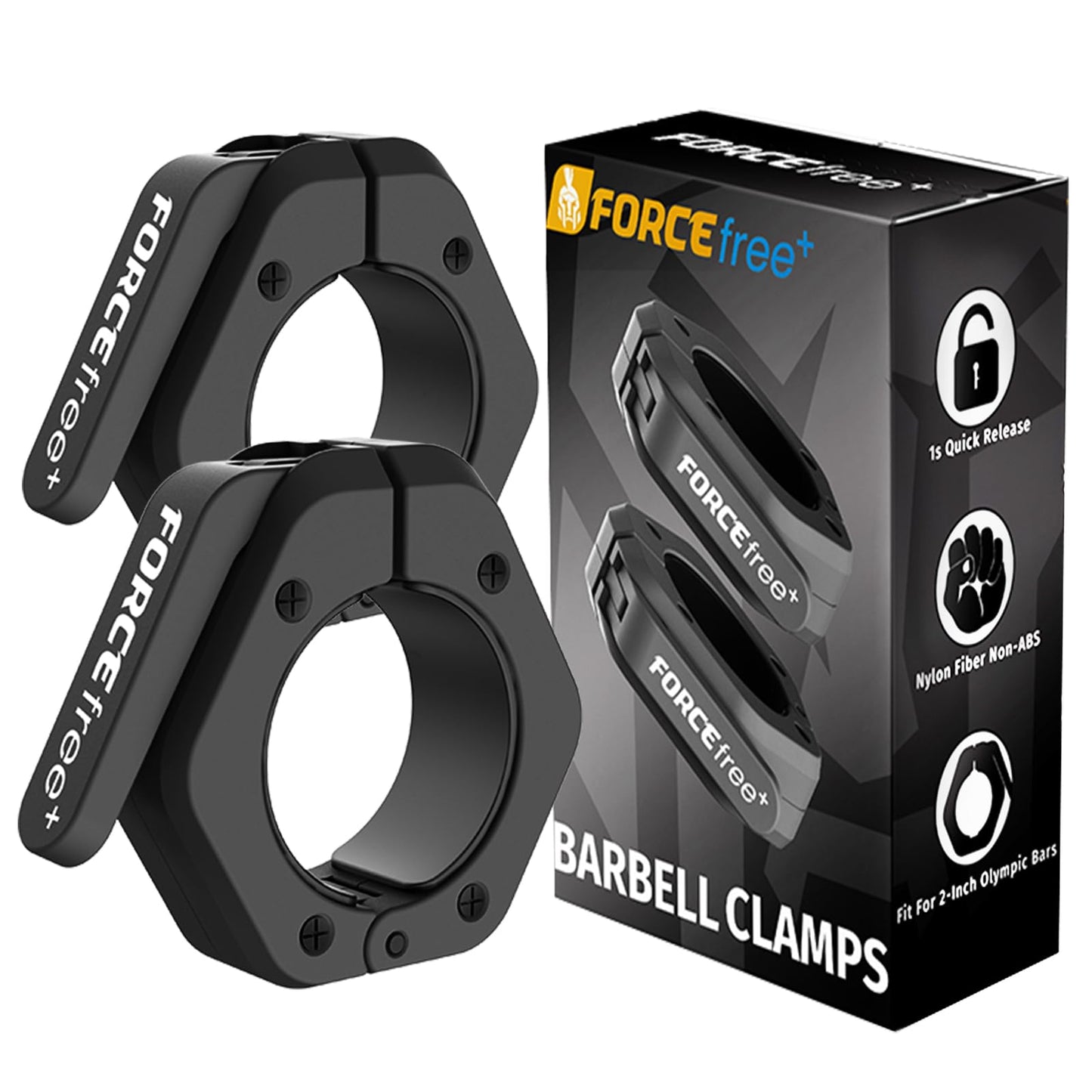 Forcefree+ Barbell Clips (Pair), Barbell Clamps, Quick Release Olympic Barbell Clamps with Anti Slip TPR Grip, Barbell Collars for Secure Weightlifting & Powerlifting (NO MAG, Black)