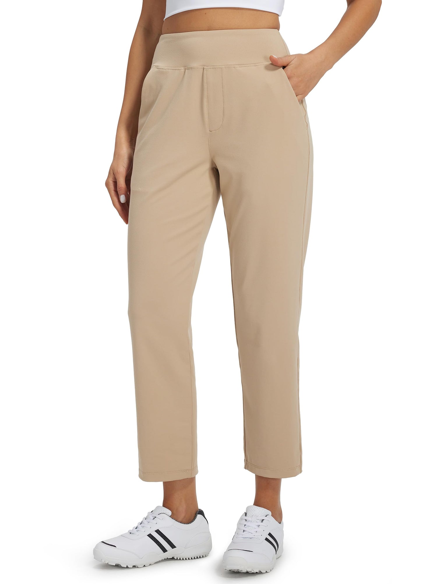 Libin Women's Pants with 4 Pockets Golf Pants 25''High Waisted Stretchy Ankle Pant for Travel Casual Athletic Busniess Work Khaki L