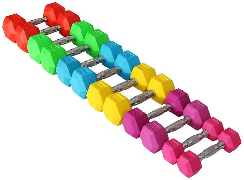 Signature Fitness Colored Rubber Encased Hex Dumbbell, Set Including 5, 10, 15, 20, 25, 30LB Pairs