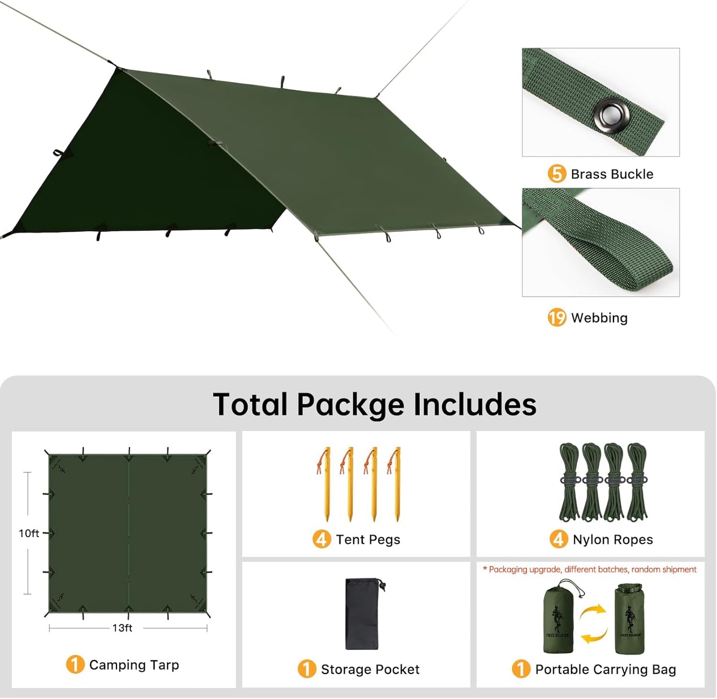 FREE SOLDIER Waterproof Portable Tarp Multifunctional Outdoor Camping Traveling Awning Backpacking Tarp Shelter Rain (Brown 10×10.5ft)