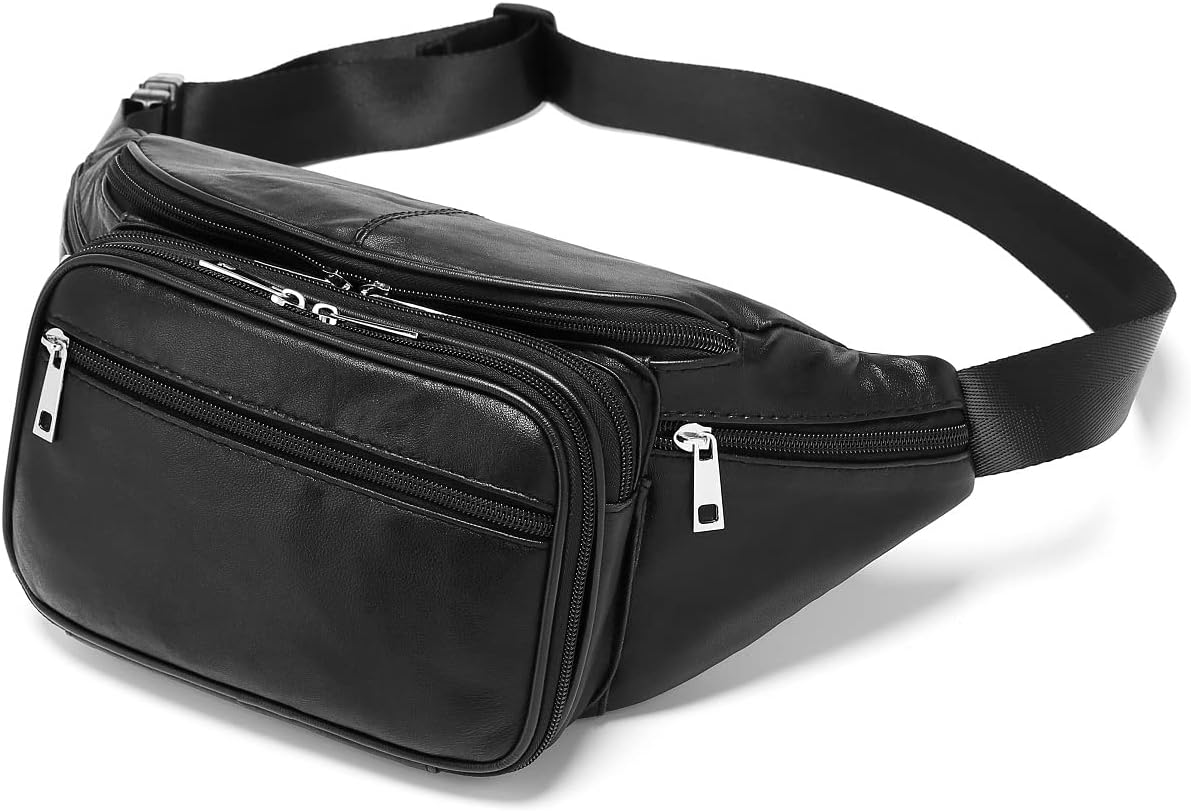 Genuine Leather Large 7 Pocket Waist Pack with Organizer, Card Slots (Black)