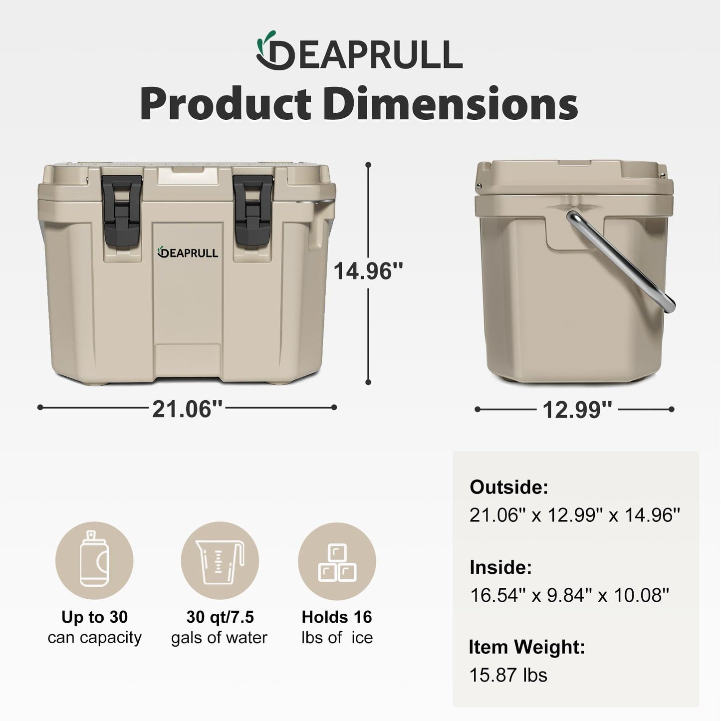 30 Quart Hard Cooler, Insulated Ice Chest Box Holds Ice for More Days, Portable Cooler with Handle, Cup Holders, Double Latches for Camping, Drink, Beverage, Beach, Picnic, Fishing, Boat, Barbecue