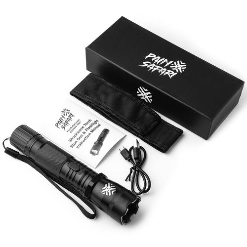 Pain Safari 2-in-1 Stun Gun Flashlight | Rechargeable Stun Gun for self Defense Men Women | Shockwave Mini Tactical Stungun | Palm-Sized | 150-Lumen, 9,000 Volts to Deter Attackers