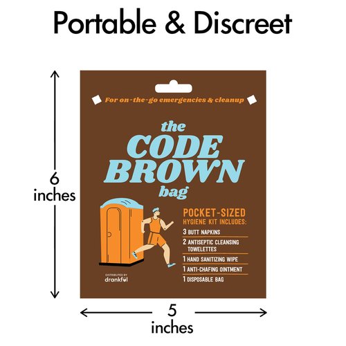 Drankful Code Brown Bag, Single Use Portable Travel Bathroom Pack, Includes Butt Napkins, Hand Wipes, Disposal Bag, Hand Sanitizer, Anti-Chafe Ointment, for Running, Camping, Hiking, Outdoors