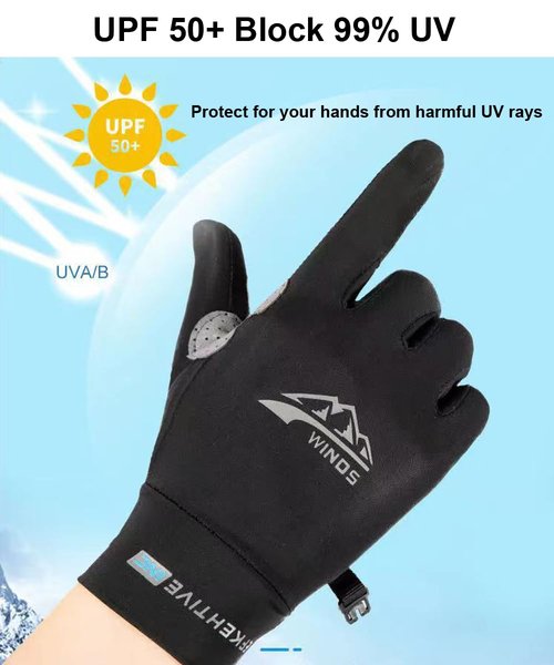 SUJAYU Full Finger UV Protection Gloves - Women & Men's Thin Fishing, Hiking, Cycling, Driving, Gym Gloves (Black, Large)