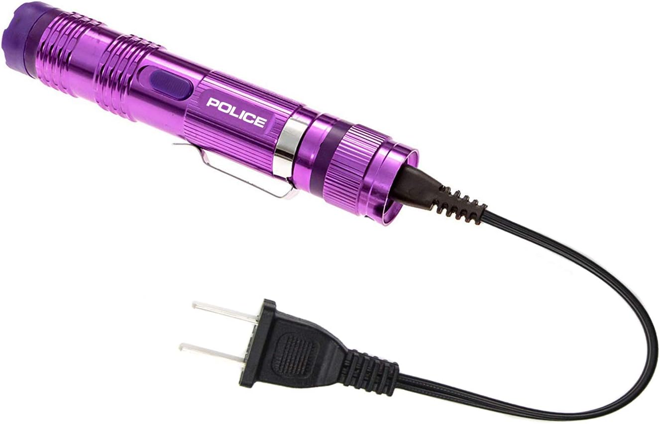 POLICE Stun Gun for Self Defense – M12 Aluminum High Voltage Mini Rechargeable with LED Flashlight, Compact & Heavy Duty – Personal Security for Women & Men – Purple