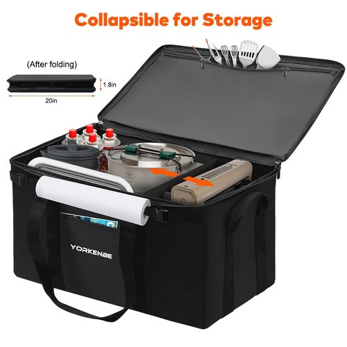 Yorkenbe 45L Camping Organizer, 1680D Heavy Duty Waterproof Camping Storage for Camping Cooking Utensils and Camping Cookware, with Hard Bottom, Camping Bag with Zippered Lid for RV, Hiking
