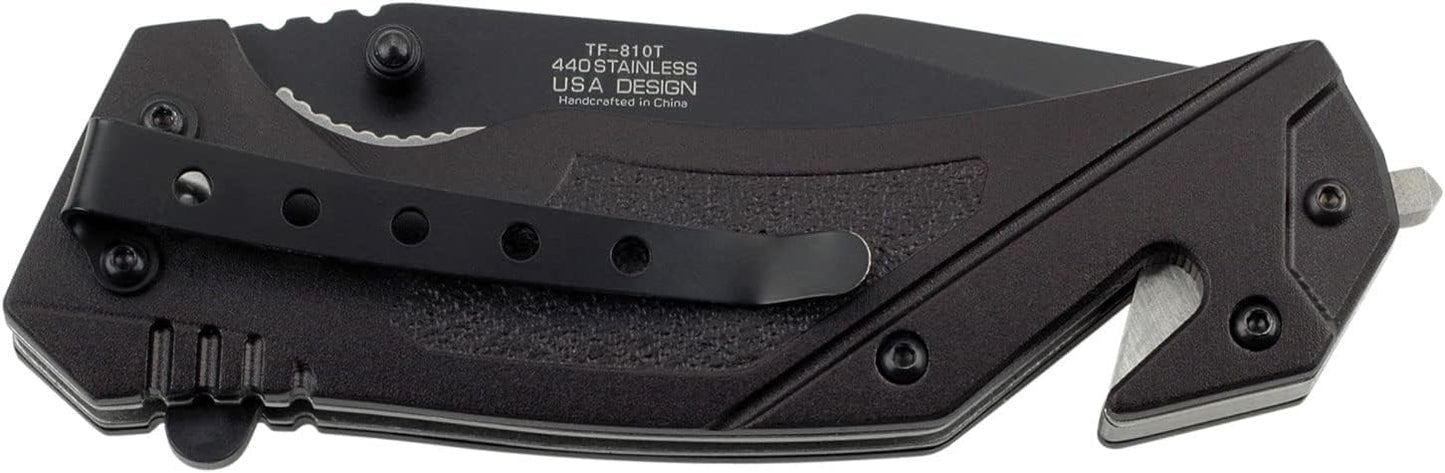 Tac-Force Folding Pocket Knife – Black Partially Serrated Stainless Steel Tanto Blade, Black Aluminum Handle with Rope Cutter, Glass Punch, Tactical, EDC, Rescue - TF-810T