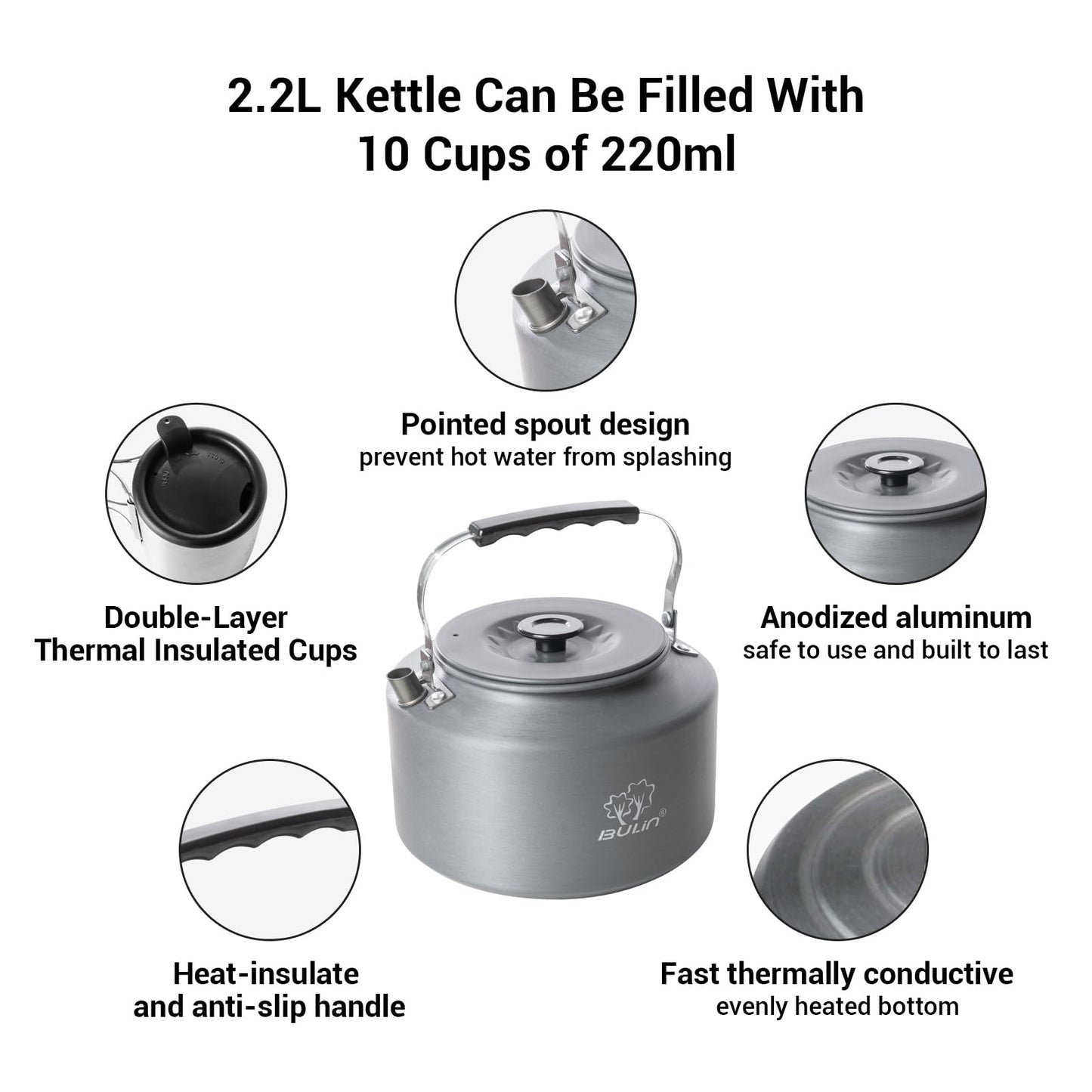 Bulin Camping Kettle, 2.2L Large Portable Stovetop Tea Kettle Fast Heating Boiling Hot Water for Open Fire Lightweight Coffee Pot with 2 Camping Cups & Lids for Outdoor Hiking Picnic Travel