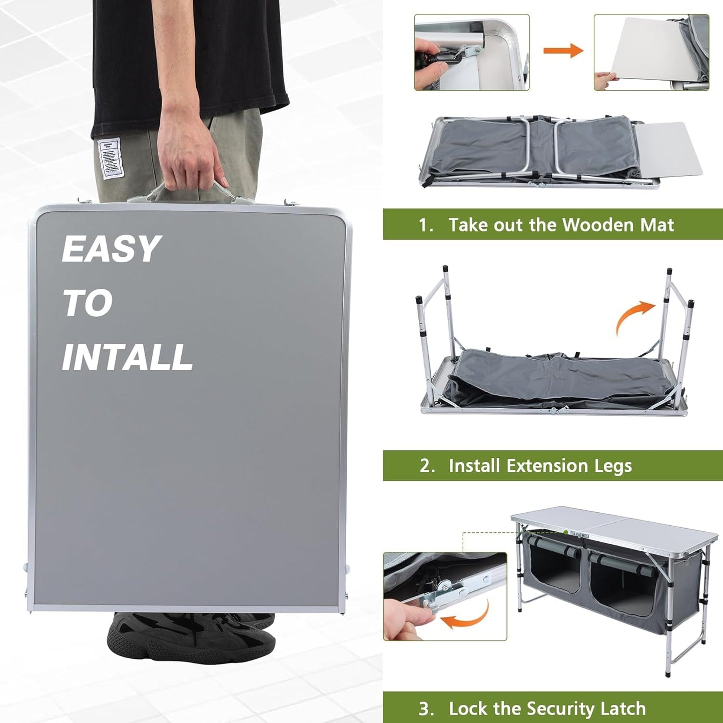 JOUYEK Camping Table, Folding Camping Table with Storage, Portable Kitchen Table, Lightweight, 3 Heights Adjustable Camping Furniture for BBQ, Picnic, Camping, Hiking, Beach, and Indoor