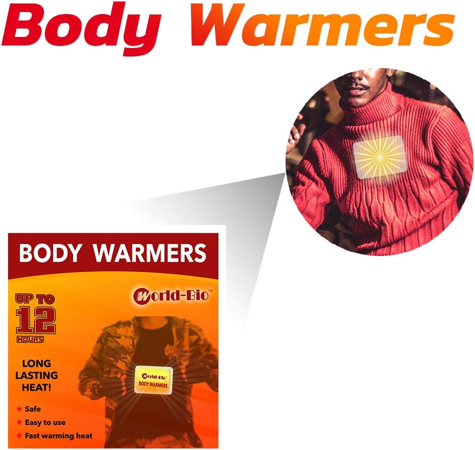 WORLD-BIO Body Warmers for Cold Weather, Heat Warmer Patch Disposable with Adhesive Backing Gives Hours Warm - 10/12/20/32/40 Packs, Hand Warmers Long Lasting Safe Natural Odorless