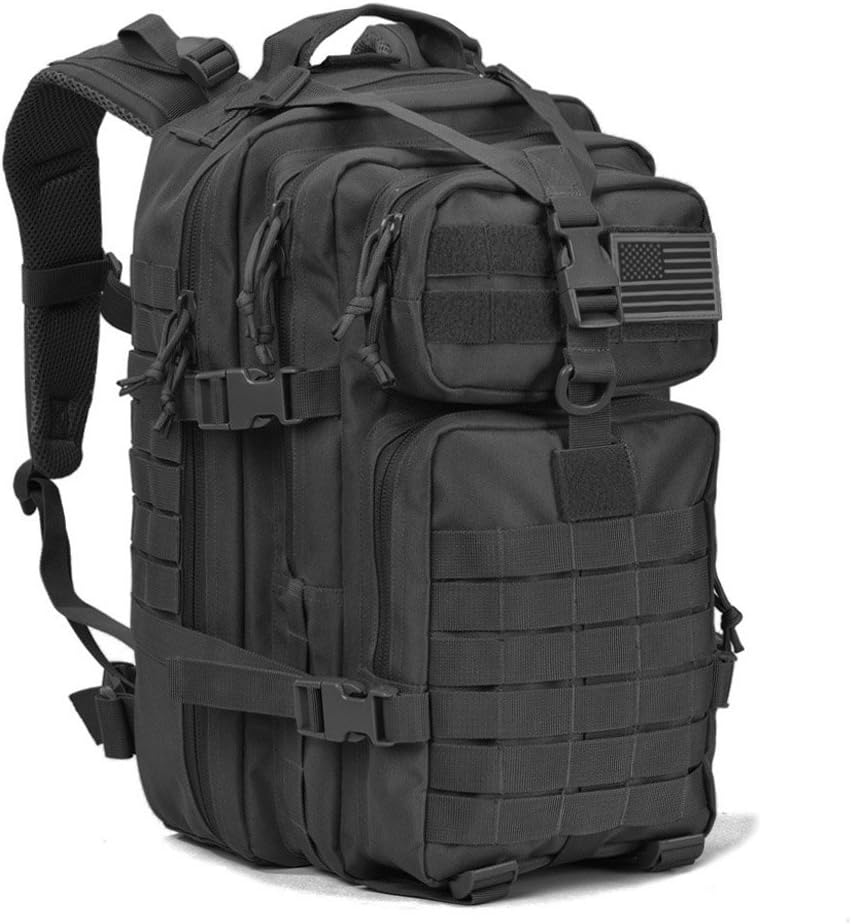 REEBOW GEAR Tactical Backpack Army Molle Military Style Assault Pack Bug Bag Backpacks 34L Daypack (With Flag Patch, Black)