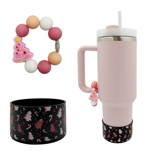 WAFOIRO Pink Christmas Tumbler Sleeve Handle Decor – Holiday Silicone Cup Bottom Protector, Cute Christmas Tree Beads Cup Accessories for Stanley 30oz 40oz Tumblers