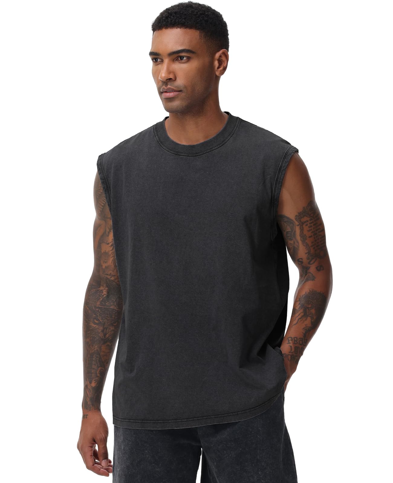 SnowElve 3 Pack Mens Workout Tank Tops Sleeveless Tee Shirts Men Muscle Shirt Gym Acid Wash T Shirts Running Beach Loose Fit Tee(BKAGAC,M)
