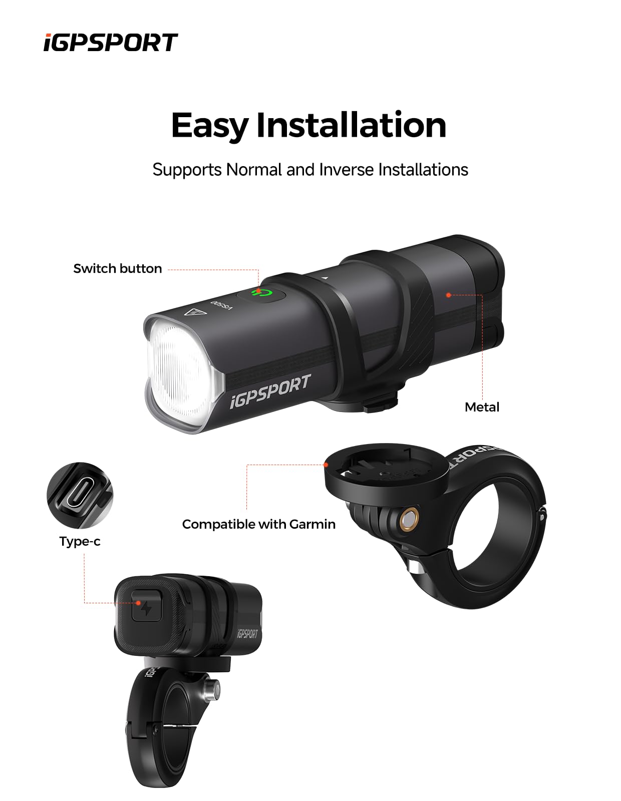 iGPSPORT VS500 Smart Bike Light, 500Lumens Auto Turn On/Off Bright Bicycle Headlight for Night Riding Rechargeable IPX6 Waterproof