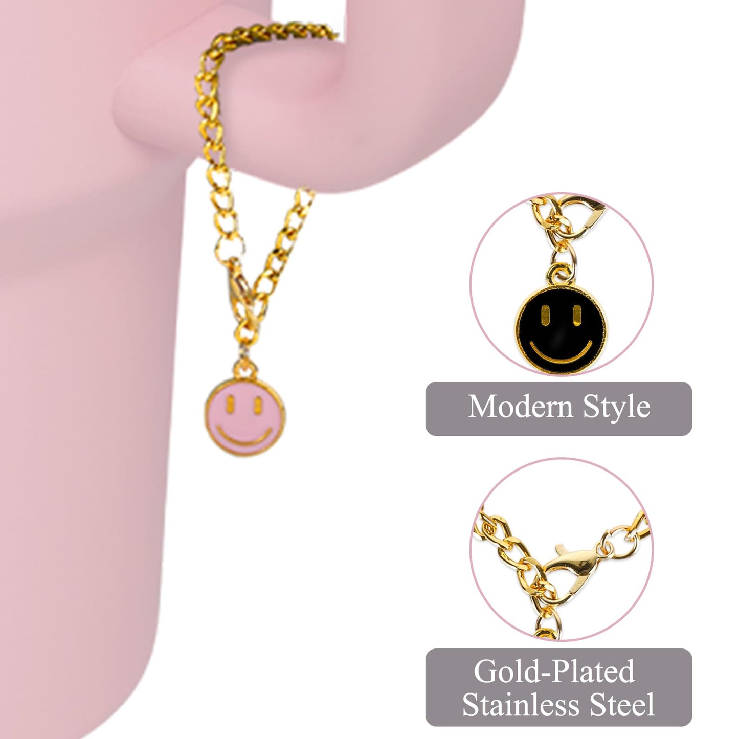 JarThenaAMCS 3Pcs Smile Face Water Bottle Charm Black White Pink Round Shape Charm Happy Face Charm Accessories for 30 & 40 OZ Tumbler with Handle