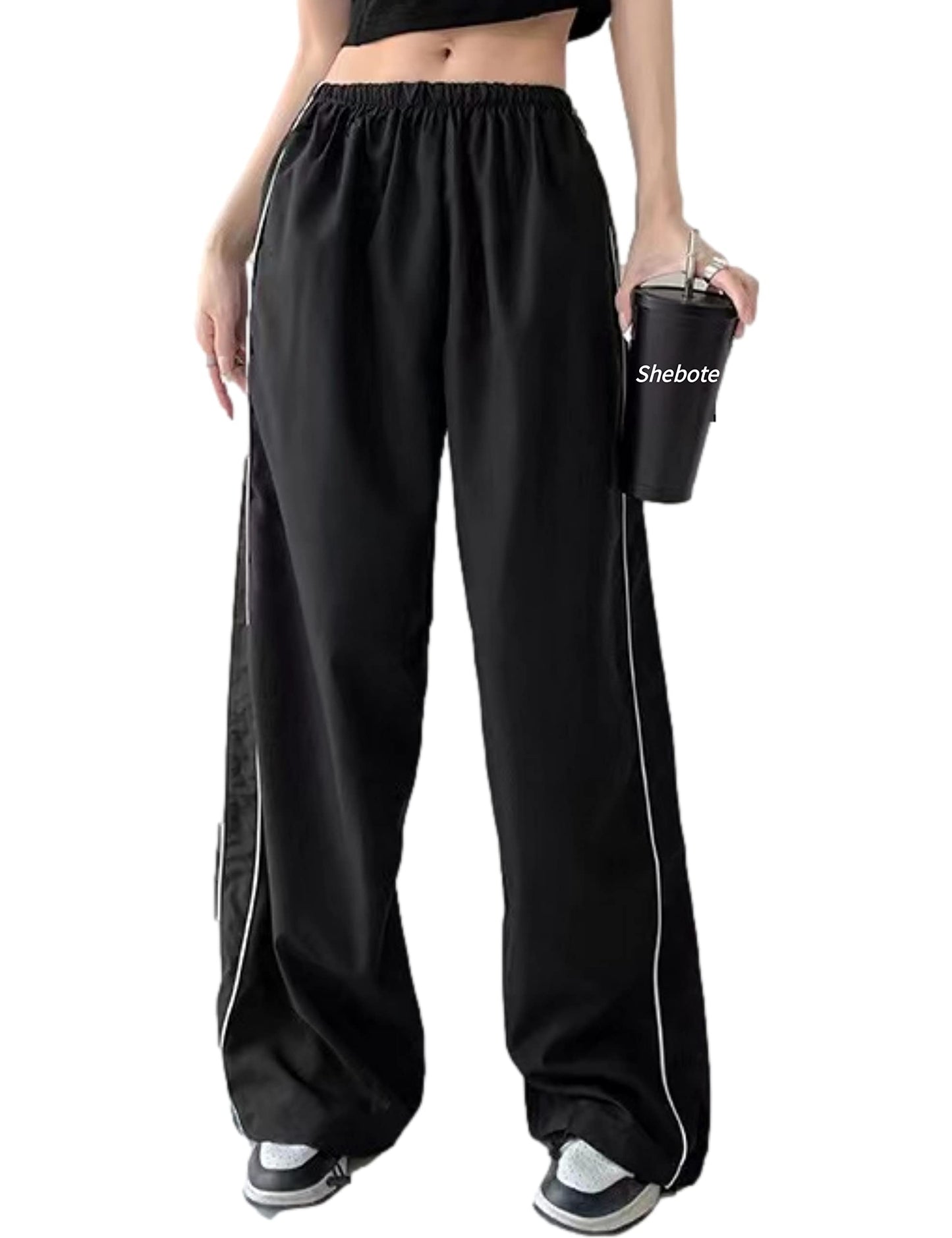 Shebote Womens Parachute Pants Wide Leg Baggy Y2K Elastic Waist Jogger Sweatpants Track Pants Streetwear(0046-Black-M)