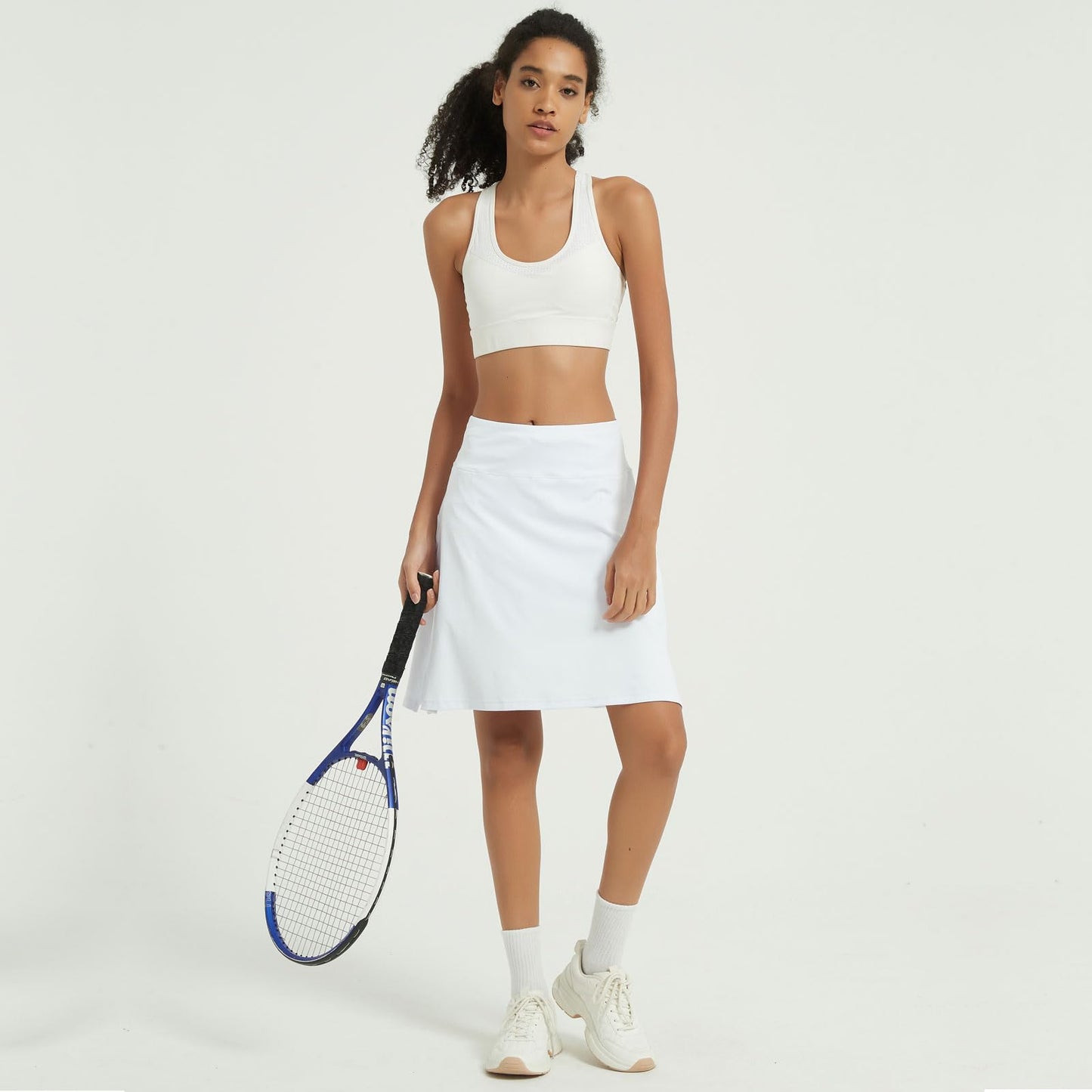 NOOYME 20" Skorts for Women Athletic Modest with Pockets Knee Length Tennis Golf Skirts (Medium,White)