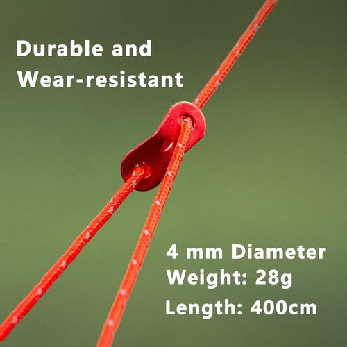 LEEZZA Reflective Guy Ropes for Tents and Tarps, 6 Pack, 13 Feet Long, 4mm Diameter, Black with Red Adjusters