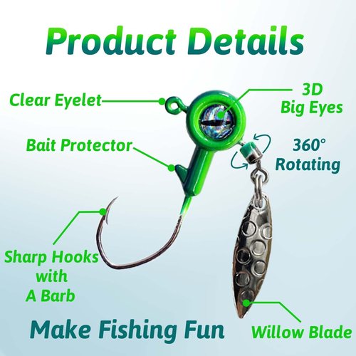 Bombite Crappie Jigs with Spinner 1/8 oz Underspin Fishing Jig Heads for Panfish Bass - 40pcs