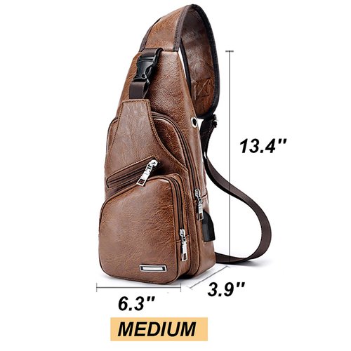 Peicees Pack of 2 Leather Sling Bag Mens Crossbody Bag Chest Bag Sling Backpack for Men with USB Charge Port, Crocodile Grained Black & Classic Black