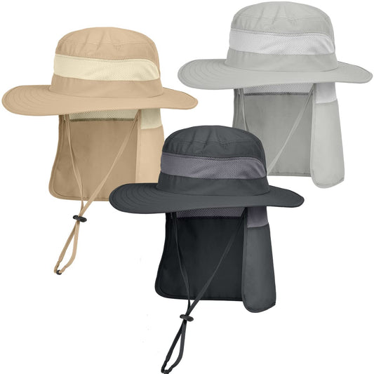 IYEBRAO 3 Pack Mens UV Protection Sun Hat with Neck Flap Summer Foldable Mesh Boonie Cap for Fishing Hiking Garden Work (3 Pack-Dark Grey＆Light Grey＆Khaki)