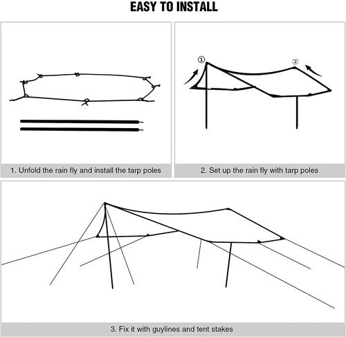 YUEWO 15×10FT 210D Oxford UPF50+ Shelter Camping Tarp with 2 * 7FT Poles, Waterproof & Lightweight Tent Tarp, Rain Fly Sun Shelter, Can Used with Car,Tent & Hammock for Picnic, Garden & Outdoor