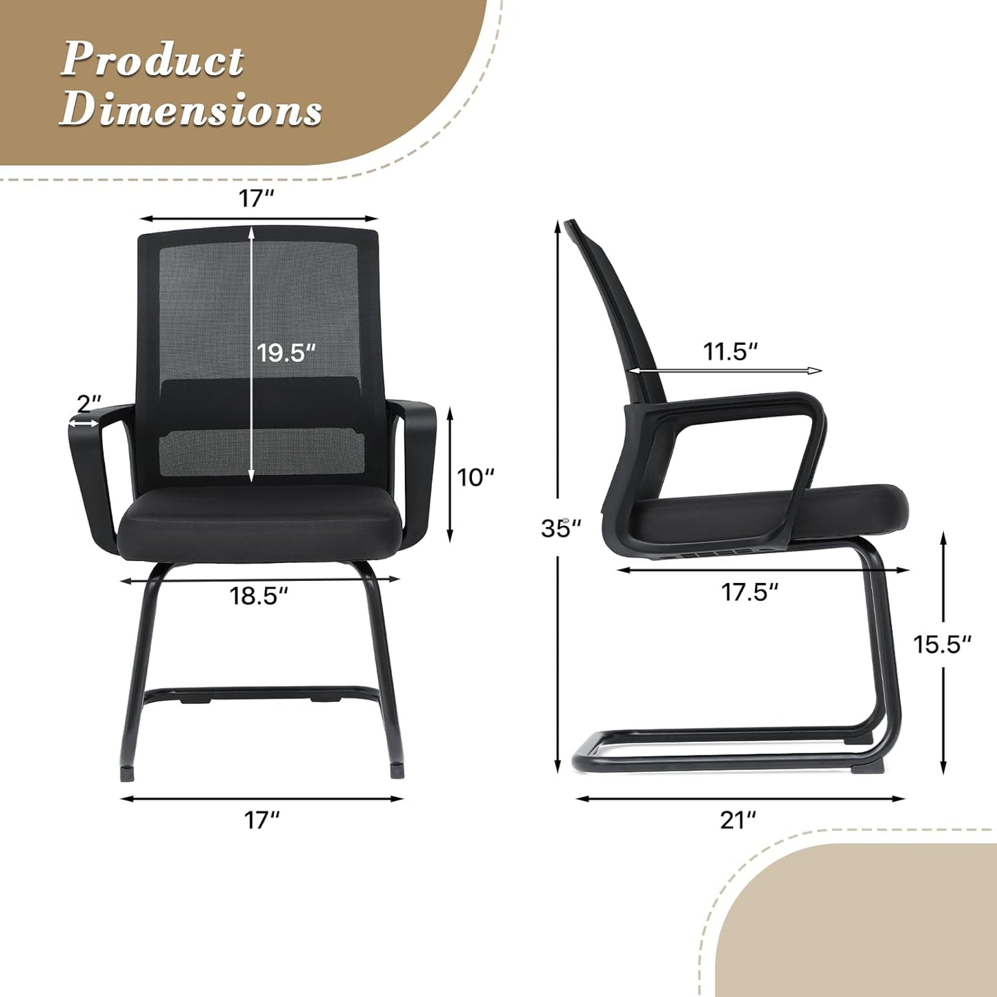 Athena Collection Desk Chairs No Wheels Set of 2, Office Guest Chairs with Sled Base Mesh Back Armrest, Side Reception Armchairs for Reception Conference Waiting Room, Black