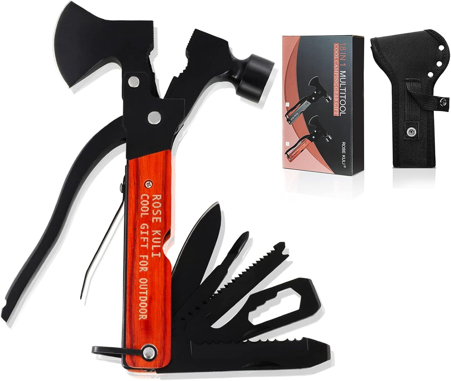 Camping Gear Multitool, Cool & Unique Birthday Gifts for Men Dad Husband Boyfriend, 18-in-1 Survival Gear for Outdoor Hunting Hiking, Emergency Escape Tool with Axe,Hammer,Plier,Knife,Bottle Opener
