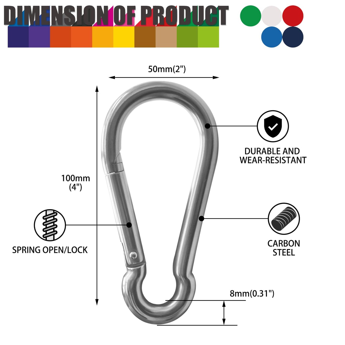 60 Pack Heavy Duty Carabiners, 3/8” Spring Snap Hook Carabiner for Heavy Uses, 4-Inch Snap Hooks Large Carabiners Clips Chain Links Safety Buckle Connector for Swing Hammock Fitness Gym Outdoor Indoor