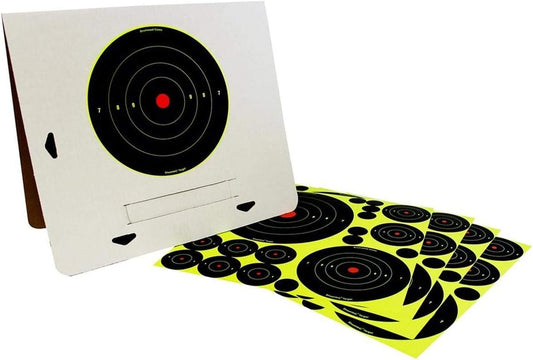BIRCHWOOD CASEY Shoot-N-C Deluxe Target Kit for Shooting - Easy to Assemble Heavy-Duty Self-Standing Cardboard A-Frame Target Stand & 40 Self-Adhesive Reactive Targets with 40 Repair Pasters