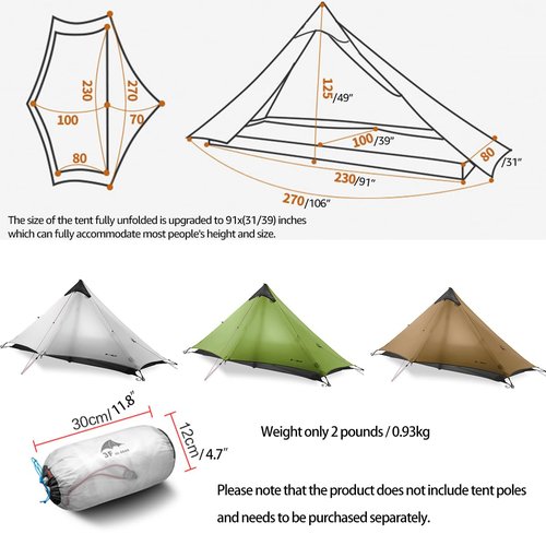 Telomat 3F Lanshan1 Ultralight 1-Person 3/4 Season Portable Backpacking Tent - Poleless Double Layer, 15D Silicon Coated Waterproof for Camping, Climbing, Hiking (Khaki)