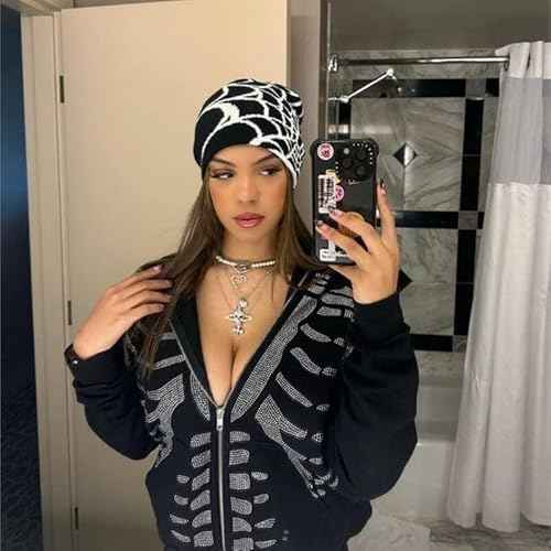 Pooyikoi Y2K Gothic Spider Pattern Wool Acrylic Knitted Hat Women Beanie Winter Warm Beanies Men Casual Skullies Outdoor